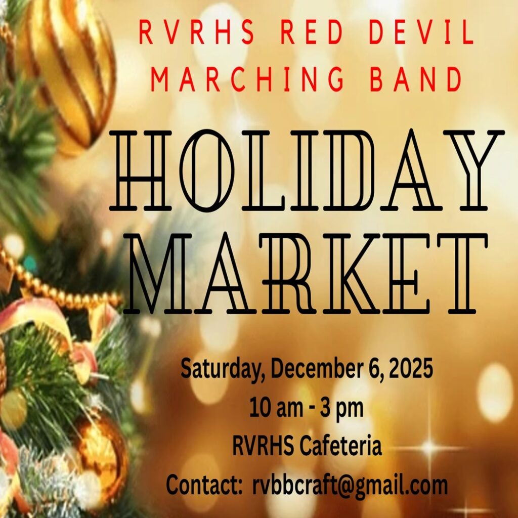 Holiday Market event poster for the RVRHS Red Devil Marching Band, with a decorated Christmas tree and event details for December 6, 2025, at RVRHS Cafeteria.