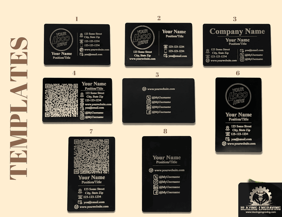 Eight black laser-engraved metal business card templates from Blazing Engraving, each displaying different layouts for logos, contact information, QR codes, and social media icons, labeled 1 through 8 on a beige background.