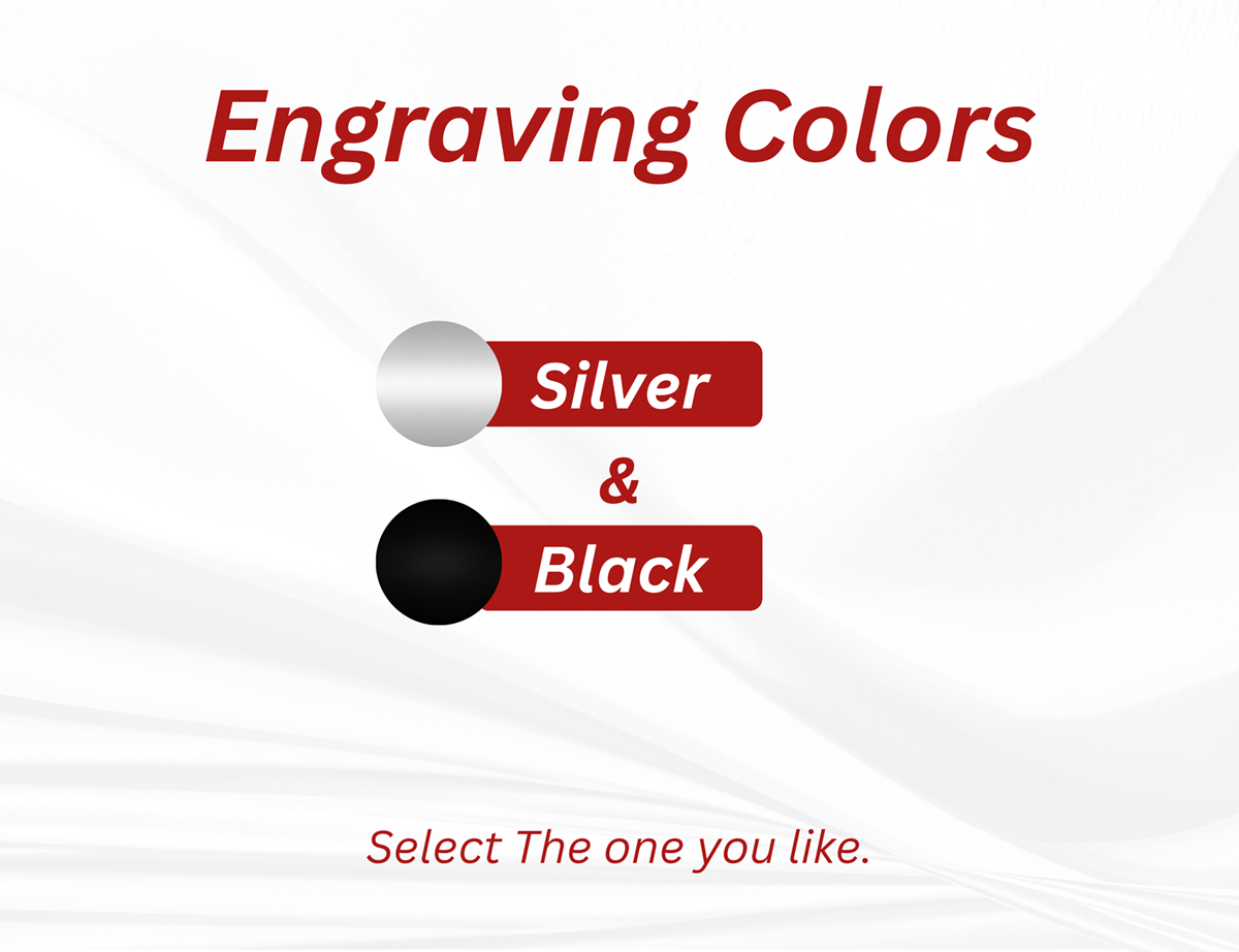 Engraving Colors graphic showing two options: silver and black, each represented by a colored circle and labeled. Text reads ‘Select the one you like. Select the color you want in the product option selector.