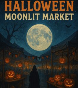 Halloween Moonlit Market event poster with a large full moon, jack-o’-lanterns, vendor tents, and event details for New Egypt Flea Market on October 25th, 5–9 PM.