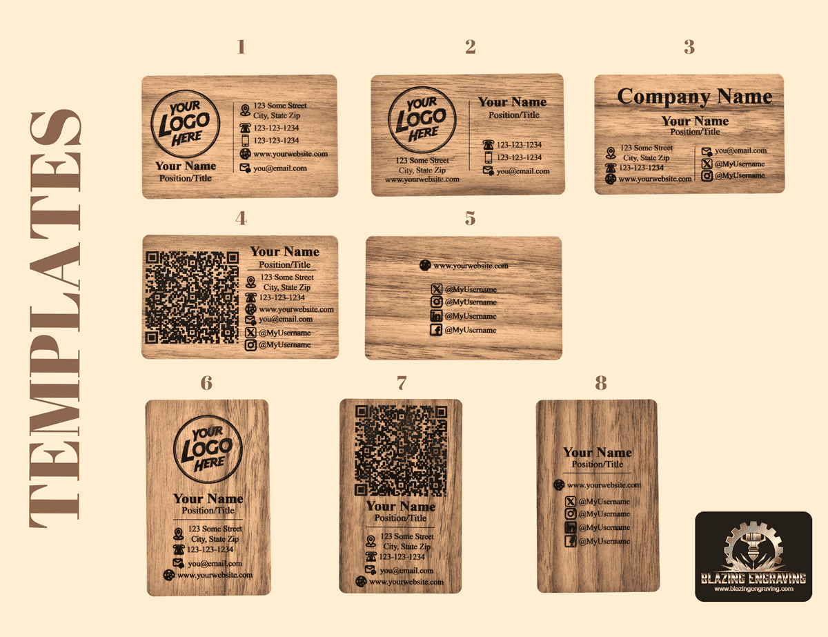 Eight wooden business card templates from Blazing Engraving, each with different layouts for contact information, logos, and social media, displayed on a beige background.