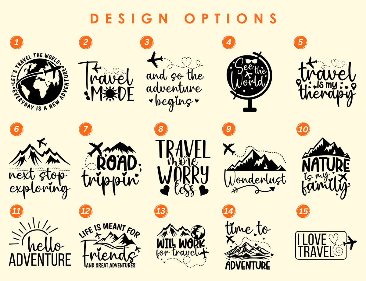 Fifteen travel-themed luggage tag design templates with adventure quotes, mountains, airplanes, and custom text options.