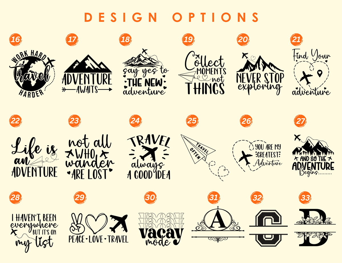 Eighteen additional luggage tag design templates with travel sayings, adventure icons, and monogram options.