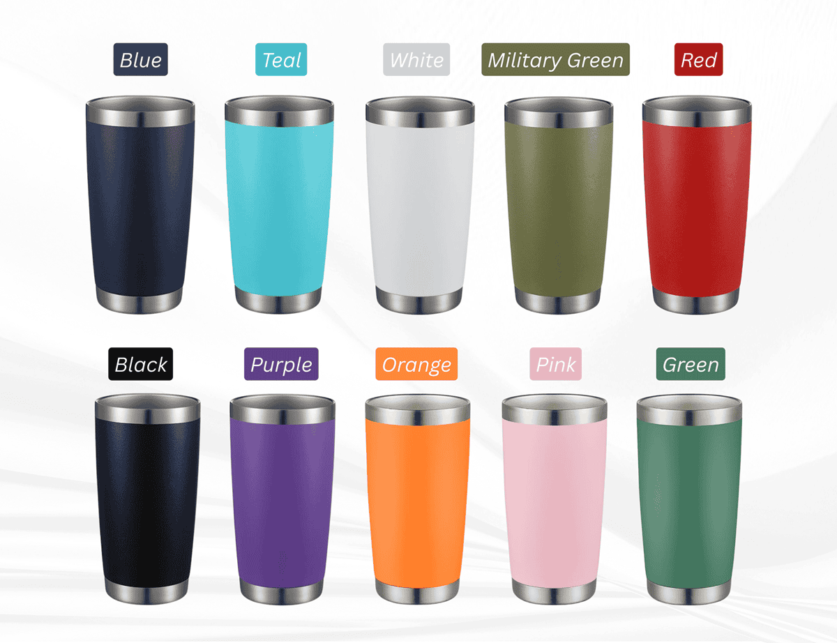 Ten stainless steel tumblers in a variety of colors—blue, teal, white, military green, red, black, purple, orange, pink, and green—each labeled with its color name. Select the color you want in the product option selector.