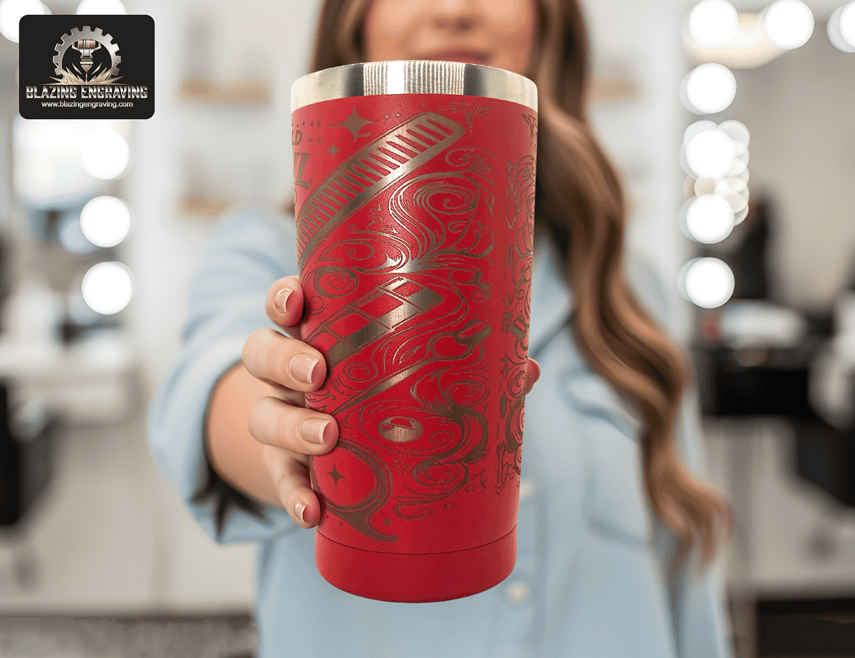 Woman holding a red stainless steel tumbler with intricate silver laser-engraved designs, shown prominently in the foreground. Blazing Engraving logo in the top left corner.