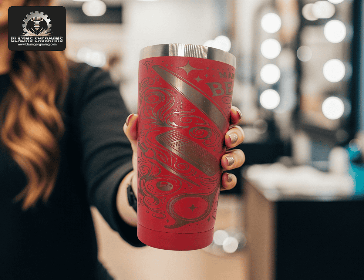Woman holding a red stainless steel tumbler with intricate silver laser-engraved designs, shown in focus with a blurred hair salon background. Blazing Engraving logo in the top left corner.