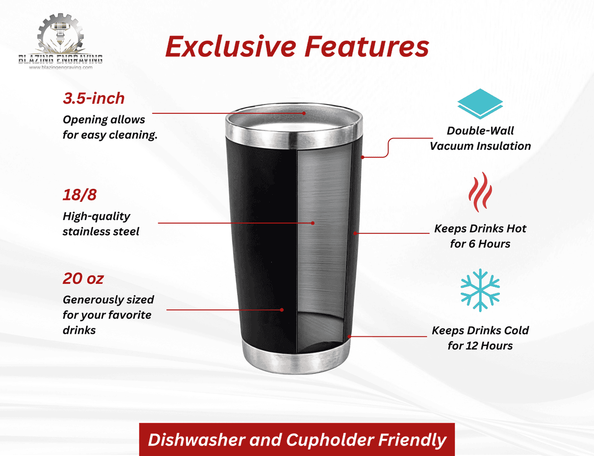 Black stainless steel tumbler with labeled features: 3.5-inch opening for easy cleaning, 18/8 high-quality stainless steel, 20 oz size, double-wall vacuum insulation, keeps drinks hot for 6 hours, keeps drinks cold for 12 hours, and dishwasher and cupholder friendly. Features are included in all colors, not just black.