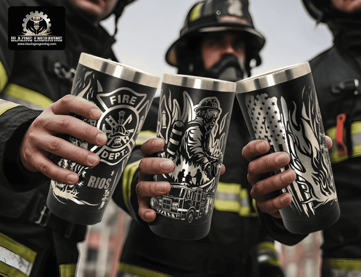 Three firefighters in uniform each holding a black stainless steel tumbler with silver laser-engraved firefighter-themed designs, including a firefighter, fire department emblem, fire truck, American flag, and flames. Blazing Engraving logo in the top left corner.
