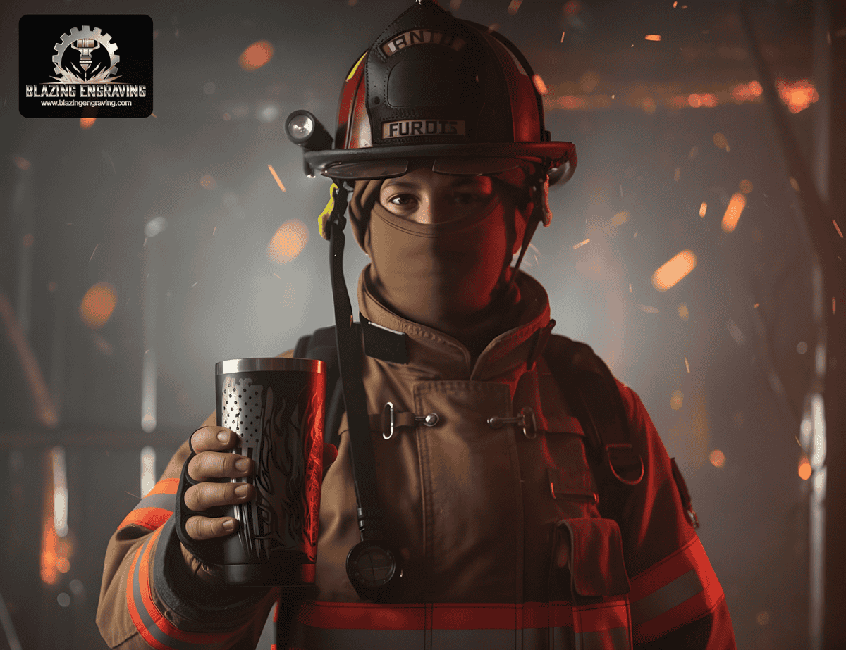 Firefighter in full gear holding a black stainless steel tumbler with silver laser-engraved firefighter-themed designs, standing in front of a smoky, fiery background. Blazing Engraving logo in the top left corner.