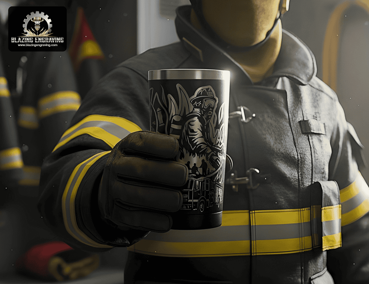 Firefighter in full turnout gear and gloves holding a black stainless steel tumbler with silver laser-engraved firefighter design, in a fire station setting. Blazing Engraving logo in the top left corner.