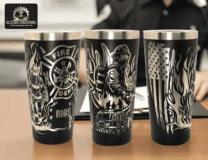 Three black stainless steel tumblers with silver laser-engraved firefighter-themed designs, including a firefighter, fire department emblem, fire truck, American flag, and flames, displayed on a desk with a person in uniform in the background. Blazing Engraving logo in the top left corner.