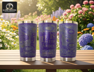 Three custom purple stainless steel tumblers showing all sides of an intricate floral engraving with the phrase "Life is better in the garden" displayed outdoors on a wooden table, surrounded by vibrant garden flowers.