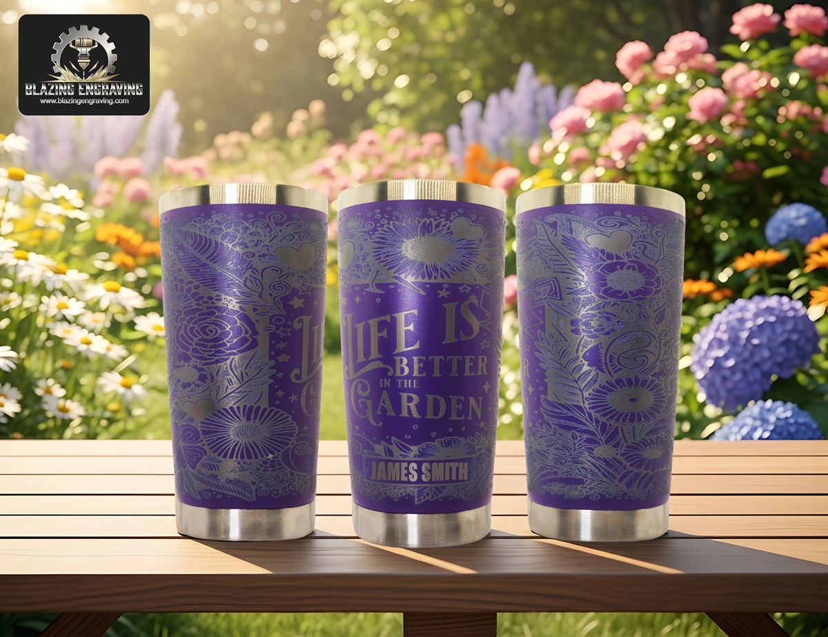 Three custom purple stainless steel tumblers showing all sides of an intricate floral engraving with the phrase "Life is better in the garden" displayed outdoors on a wooden table, surrounded by vibrant garden flowers.