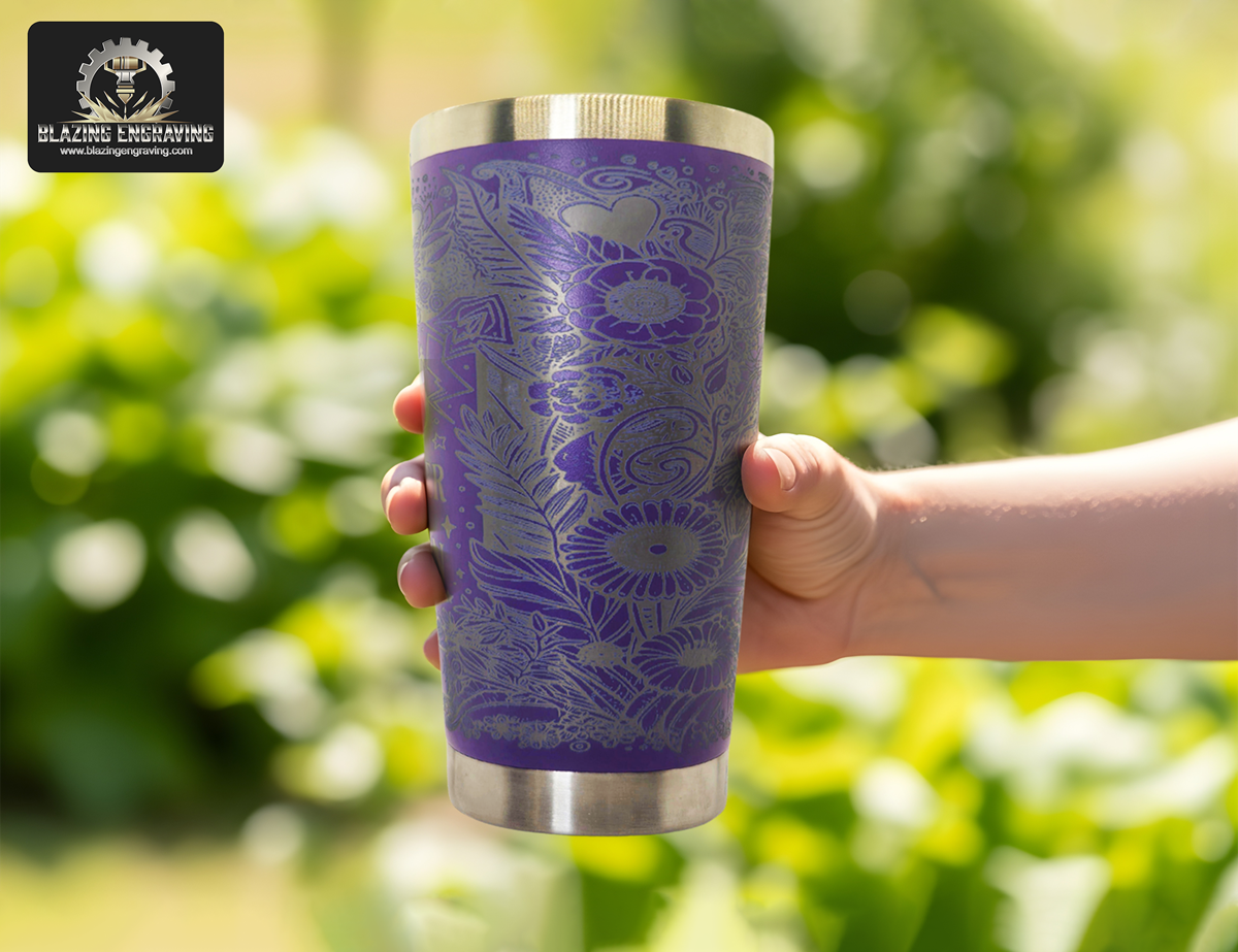 Hand holding a purple engraved tumbler with floral designs, in front of a sunlit green garden background.