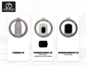 Image displaying 2 lid options. Standard and the upgraded magnetic lid with the lid attached like normal and detached for cleaning.