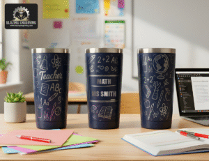 Three views of a navy blue engraved teacher tumbler showing full wraparound classroom-themed designs and personalized text.