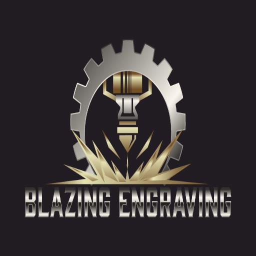 Blazing Engraving company logo featuring a metallic gear surrounding a stylized laser engraving tool, with gold sparks below and the business name ‘Blazing Engraving’ in bold, metallic letters.