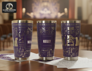 Three purple stainless steel tumblers with the laser-engraved band mom design showing all sides of the design, personalized with the name "Kelly," displayed on a table with sheet music in a concert hall setting. Blazing Engraving logo in the top left corner.