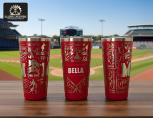 Three stainless steel tumblers showing all sides of a laser-engraved baseball mom design, personalized with the name "Bella," displayed on a surface with a baseball stadium in the background. Blazing Engraving logo in the top left corner.