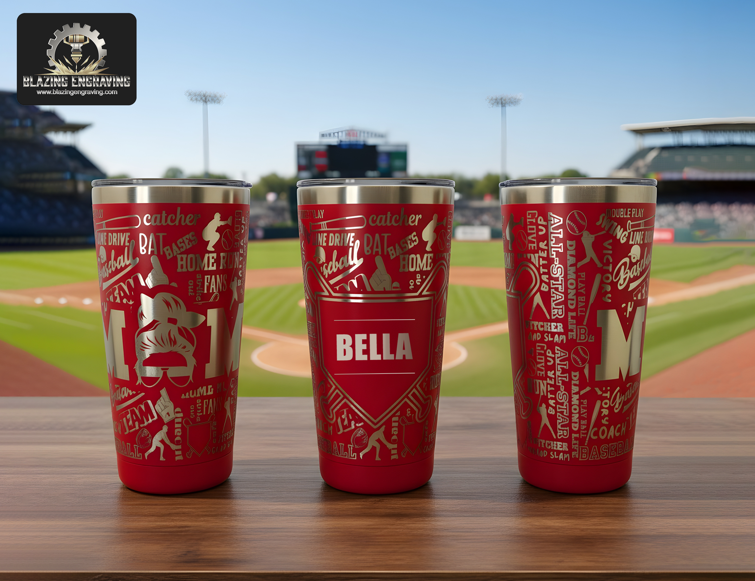 Three stainless steel tumblers showing all sides of a laser-engraved baseball mom design, personalized with the name "Bella," displayed on a surface with a baseball stadium in the background. Blazing Engraving logo in the top left corner.