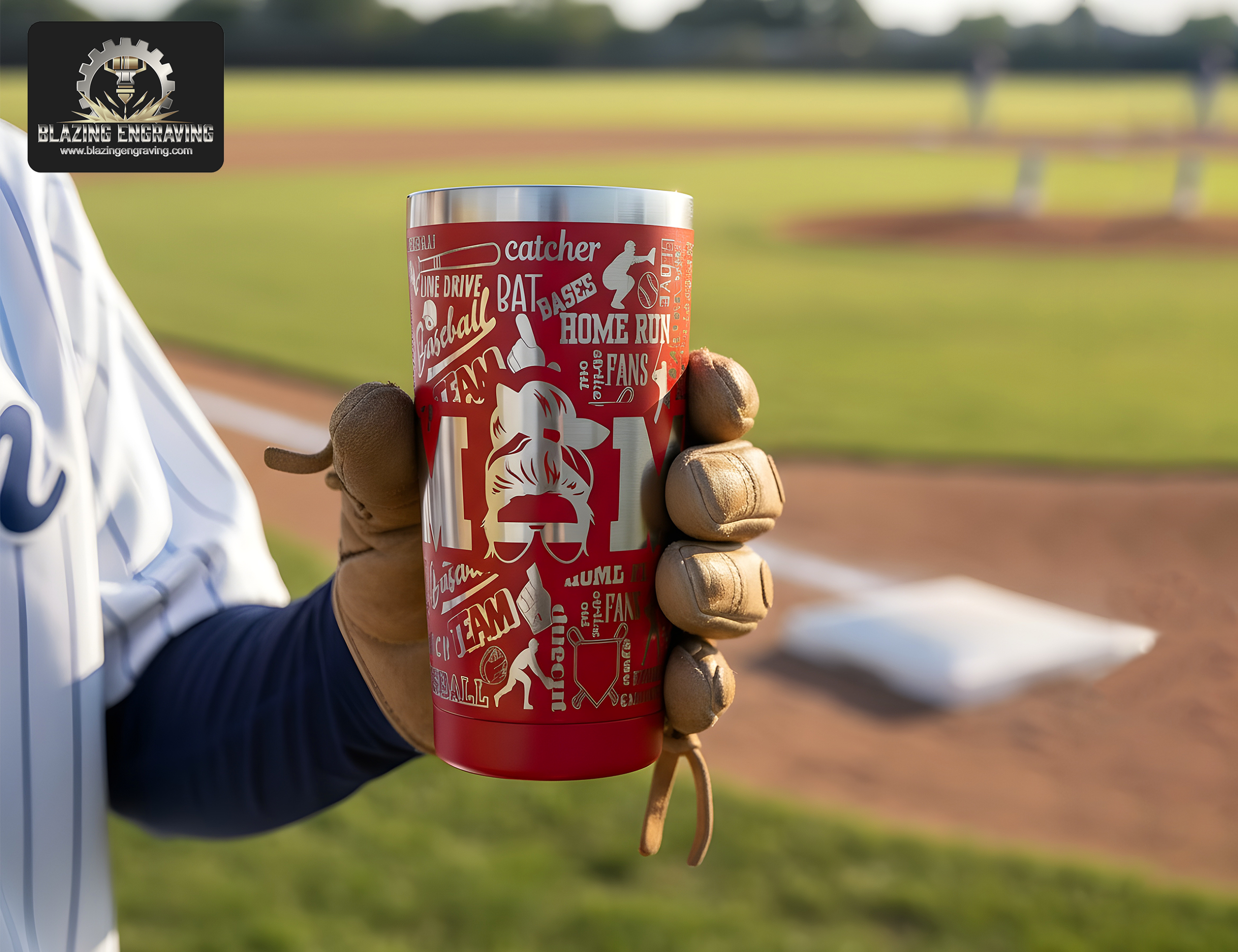 A baseball glove holding a stainless steel tumbler with a laser-engraved baseball mom design featuring baseball-themed words and player silhouettes, with a baseball field in the background. Blazing Engraving logo in the top left corner.