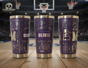 Three stainless steel tumblers showing all sides of a laser-engraved basketball mom design, personalized with the name "Olivia," displayed on a basketball court floor with a stadium in the background. Blazing Engraving logo in the top left corner.